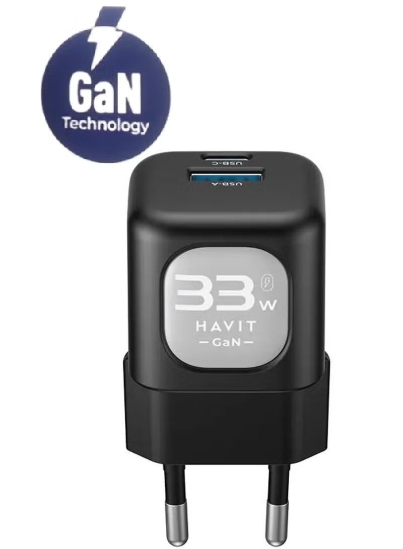 هافيت شاحن حائط سريع Havit بقوة 33 واط بتقنية GaN مع منفذين – PD 33W + PPS 30W | شحن ذكي لأجهزة اللابتوب والهواتف الذكية والساعات الذكية – موديل UC230EU – أسود - Image 2